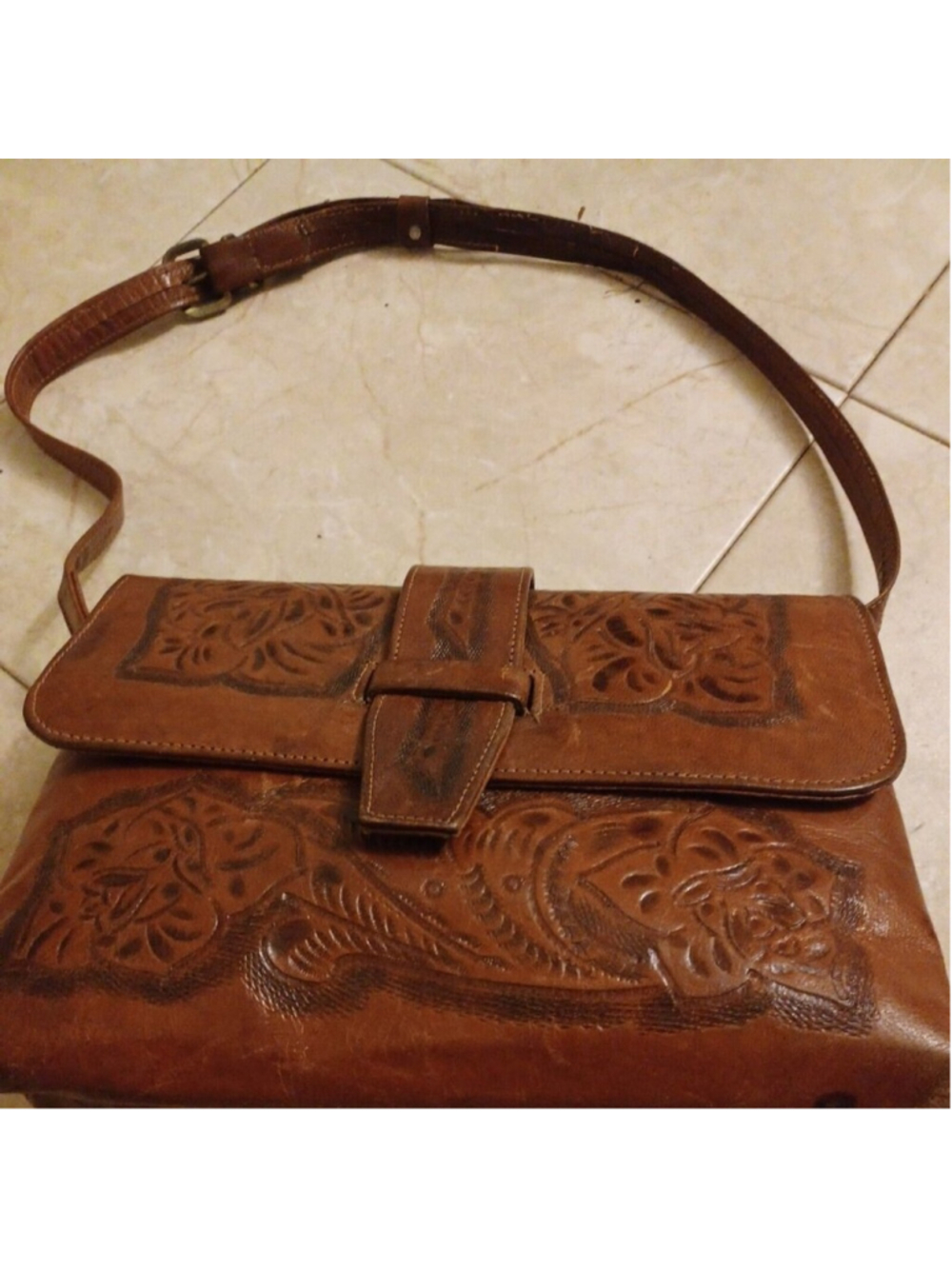 Genuine Leather Tooled Shoulder Bag Mexican Vintage